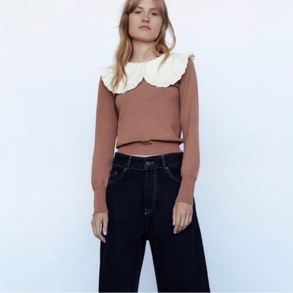 Zara Ruffled Peter Pan Collar Knit Top Blush Pink S - Picture 5 of 15